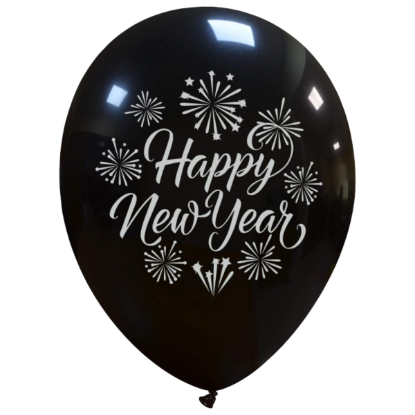 Cattex Rundballon | 12" Schwarz | Happy New Year | 10 Stück