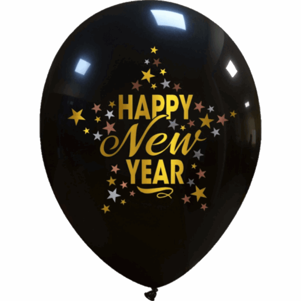 Cattex Rundballon | 12" Schwarz | Happy New Year Star | 10 Stück