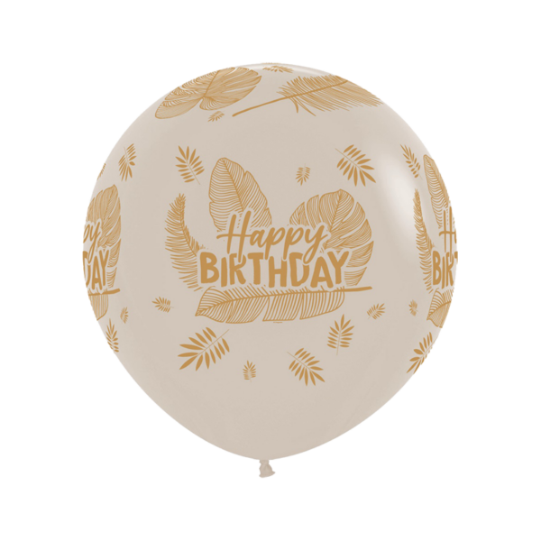 Sempertex Rundballon | 24" White Sand | Happy Birthday Tropical Leaves