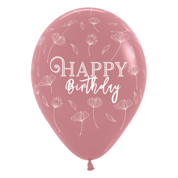 Sempertex Rundballon | 12" Rosewood | Happy Birthday Blooming | 5 Stück